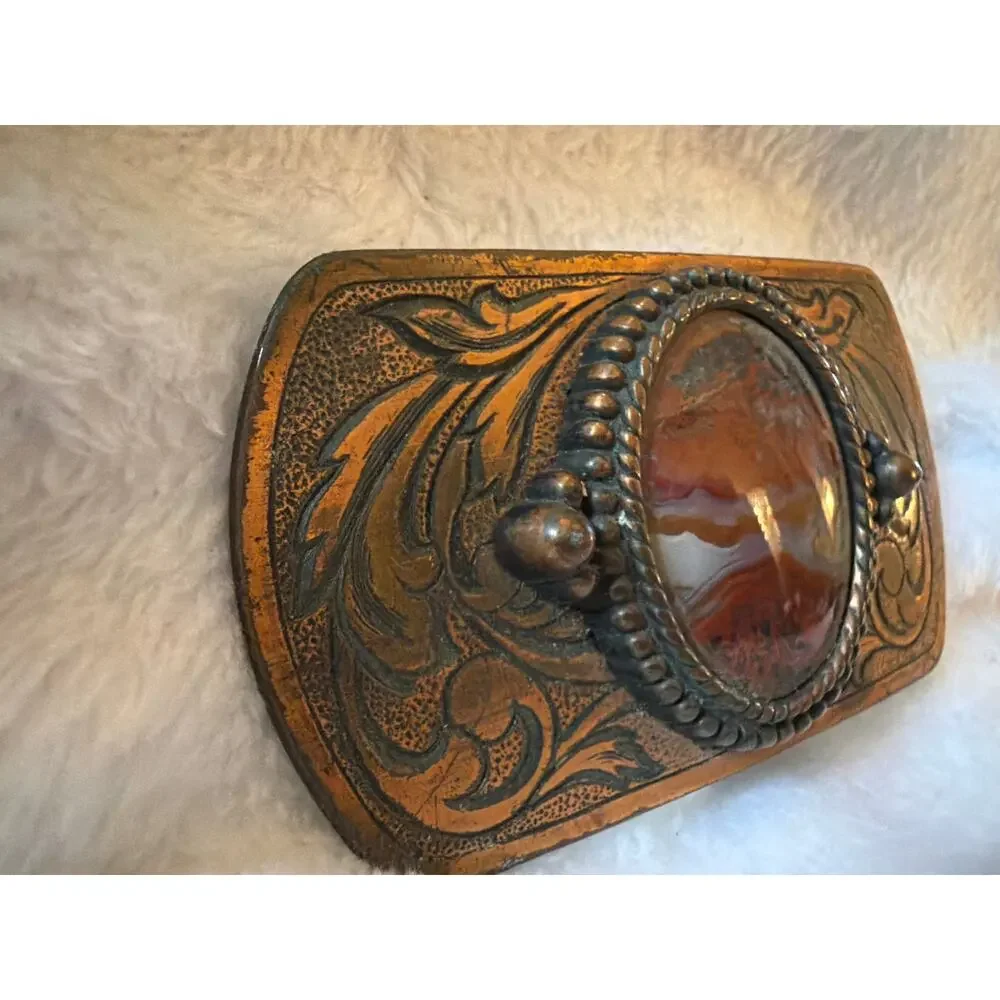 Vintage Western Belt Buckle Natural Agate Stone Scroll Engraved Brass Tone